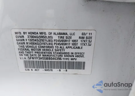 2011 Honda Pilot Ex-L from USA, damaged, VIN 5FNYF3H55BB046396